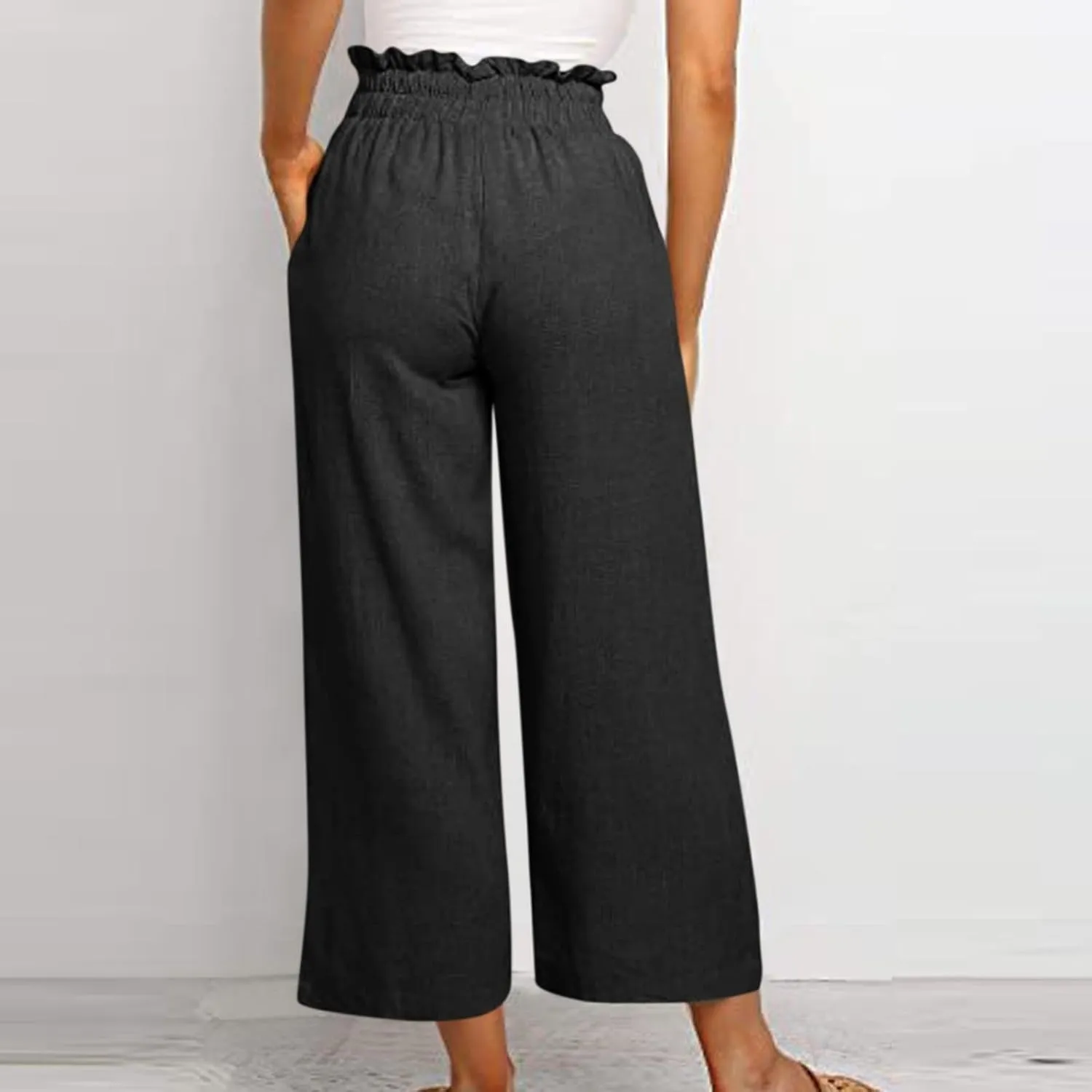Linen Pants Women Casual High Waist Drawstring Straight Wide Leg Pants Boho Cropped Baggy Palazzo Pant 2025