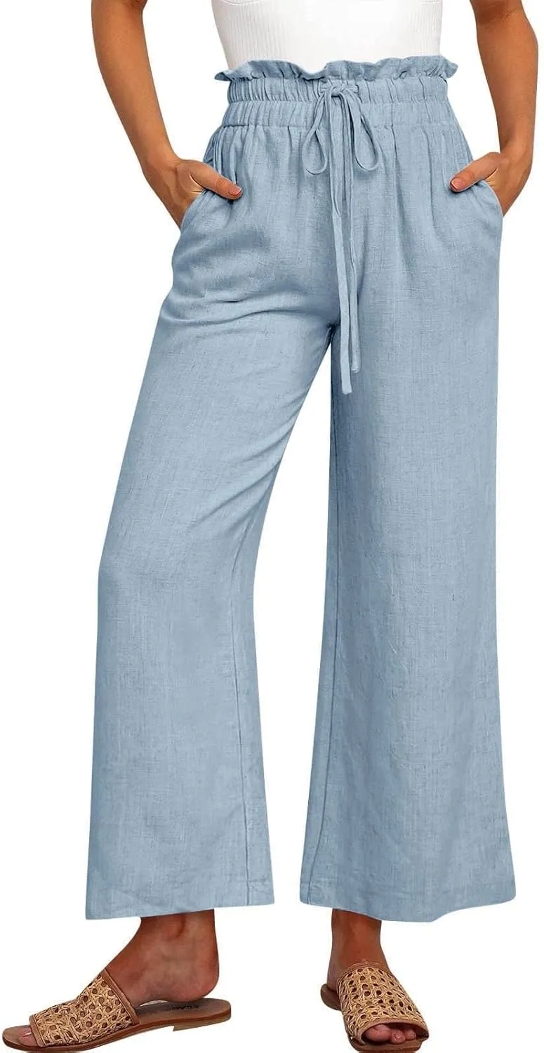 Linen Pants Women Casual High Waist Drawstring Straight Wide Leg Pants Boho Cropped Baggy Palazzo Pant 2025