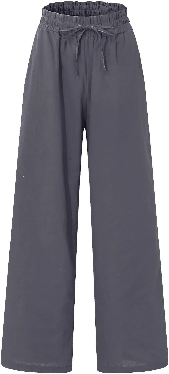 Linen Pants Women Casual High Waist Drawstring Straight Wide Leg Pants Boho Cropped Baggy Palazzo Pant 2025