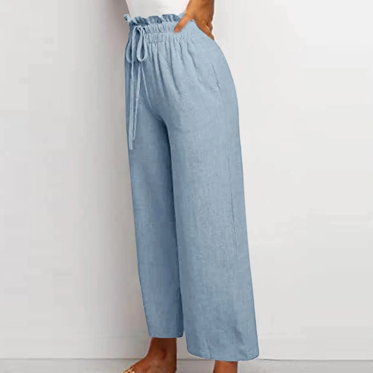 Linen Pants Women Casual High Waist Drawstring Straight Wide Leg Pants Boho Cropped Baggy Palazzo Pant 2025