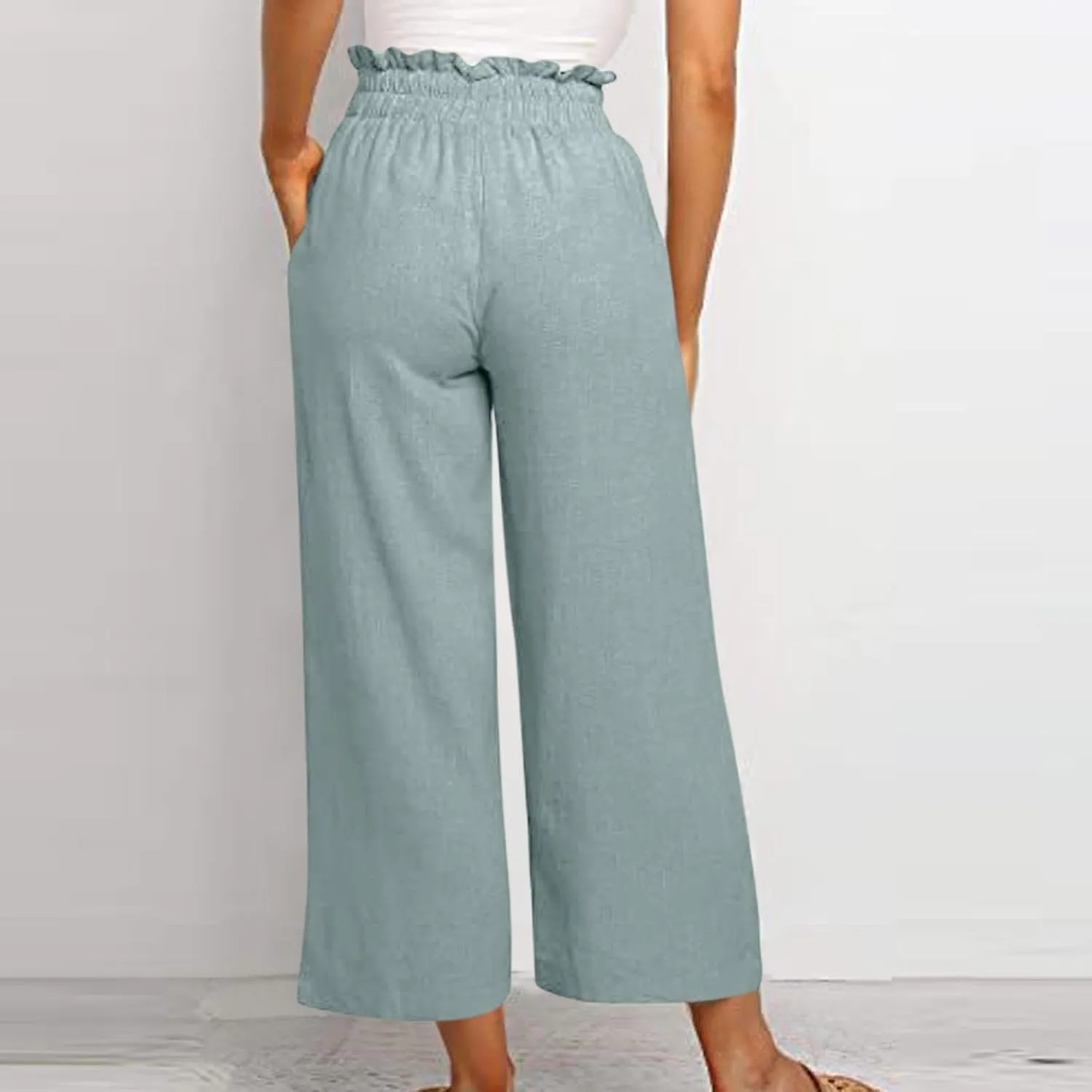 Linen Pants Women Casual High Waist Drawstring Straight Wide Leg Pants Boho Cropped Baggy Palazzo Pant 2025