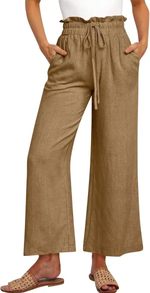 Linen Pants Women Casual High Waist Drawstring Straight Wide Leg Pants Boho Cropped Baggy Palazzo Pant 2025