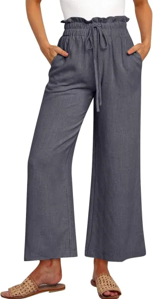 Linen Pants Women Casual High Waist Drawstring Straight Wide Leg Pants Boho Cropped Baggy Palazzo Pant 2025