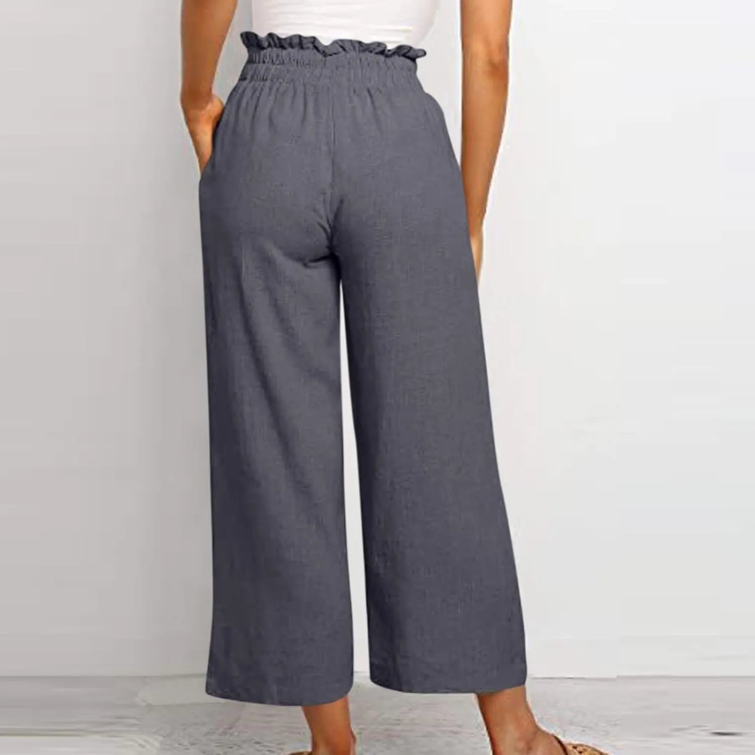 Linen Pants Women Casual High Waist Drawstring Straight Wide Leg Pants Boho Cropped Baggy Palazzo Pant 2025