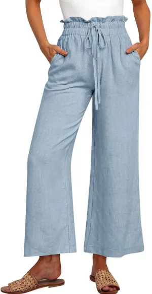 Linen Pants Women Casual High Waist Drawstring Straight Wide Leg Pants Boho Cropped Baggy Palazzo Pant 2025