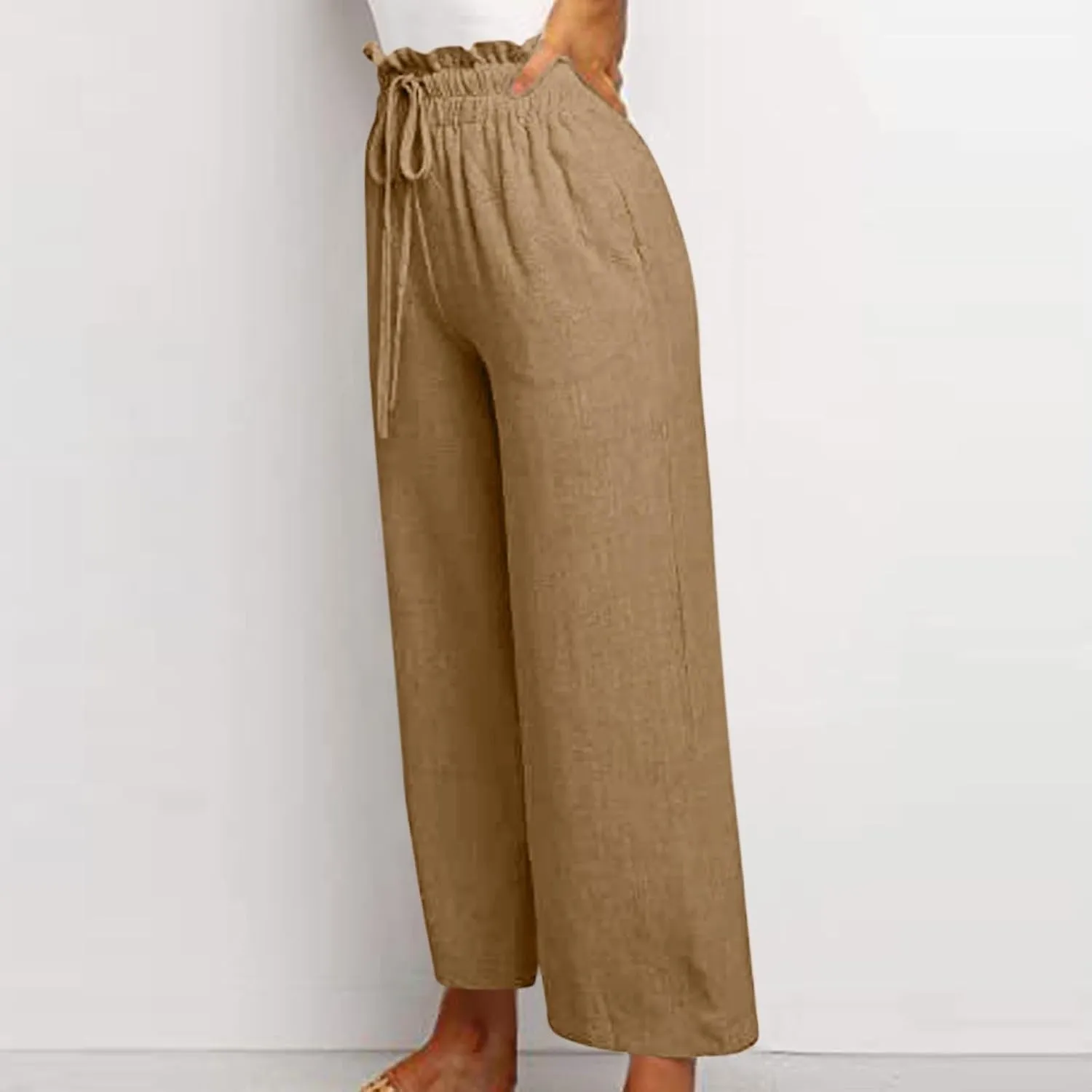 Linen Pants Women Casual High Waist Drawstring Straight Wide Leg Pants Boho Cropped Baggy Palazzo Pant 2025