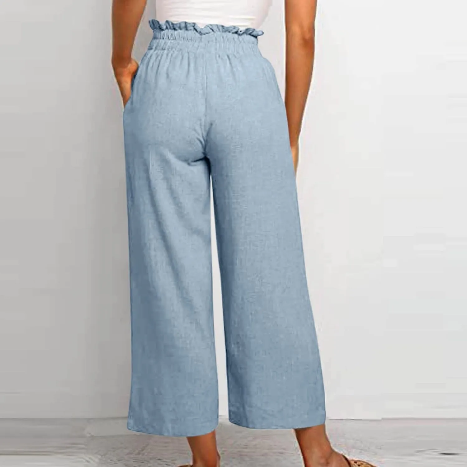Linen Pants Women Casual High Waist Drawstring Straight Wide Leg Pants Boho Cropped Baggy Palazzo Pant 2025