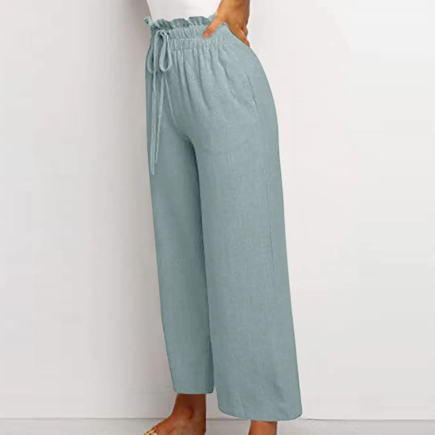 Linen Pants Women Casual High Waist Drawstring Straight Wide Leg Pants Boho Cropped Baggy Palazzo Pant 2025