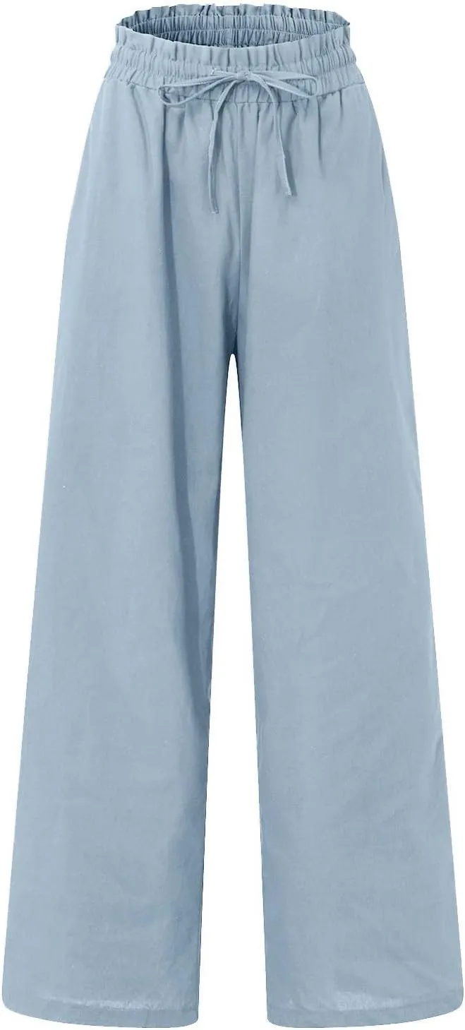 Linen Pants Women Casual High Waist Drawstring Straight Wide Leg Pants Boho Cropped Baggy Palazzo Pant 2025