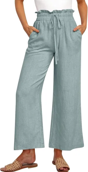 Linen Pants Women Casual High Waist Drawstring Straight Wide Leg Pants Boho Cropped Baggy Palazzo Pant 2025