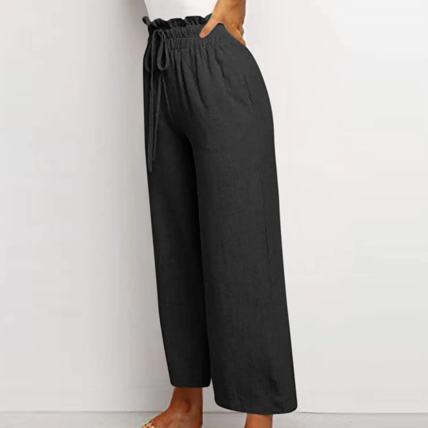 Linen Pants Women Casual High Waist Drawstring Straight Wide Leg Pants Boho Cropped Baggy Palazzo Pant 2025