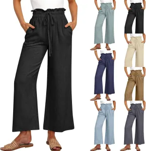 Linen Pants Women Casual High Waist Drawstring Straight Wide Leg Pants Boho Cropped Baggy Palazzo Pant 2025