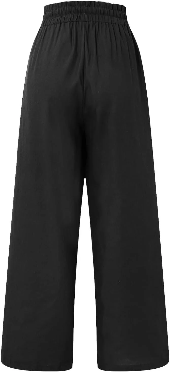 Linen Pants Women Casual High Waist Drawstring Straight Wide Leg Pants Boho Cropped Baggy Palazzo Pant 2025