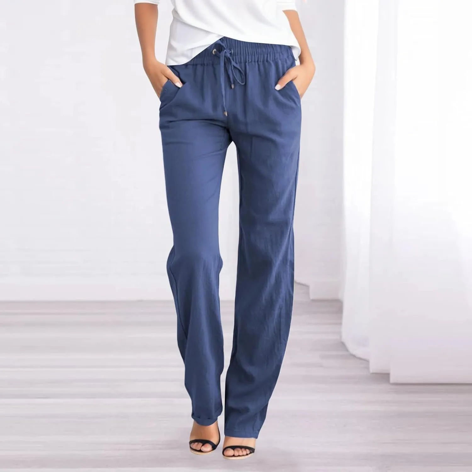 Linen Pants Women Casual High Waist Linen Pants Drawstring Loose Fit Summer Pants Trousers with Side Pockets