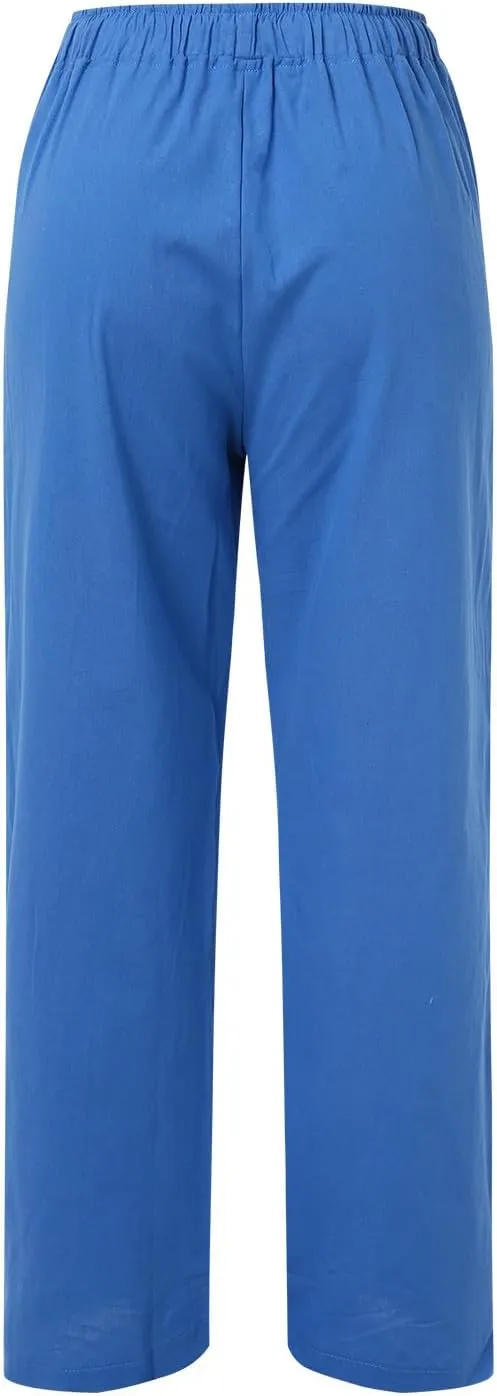 Linen Pants Women High Waist Wide Leg Pants Summer Cotton Linen Pants Casual Beach Trousers with Pockets