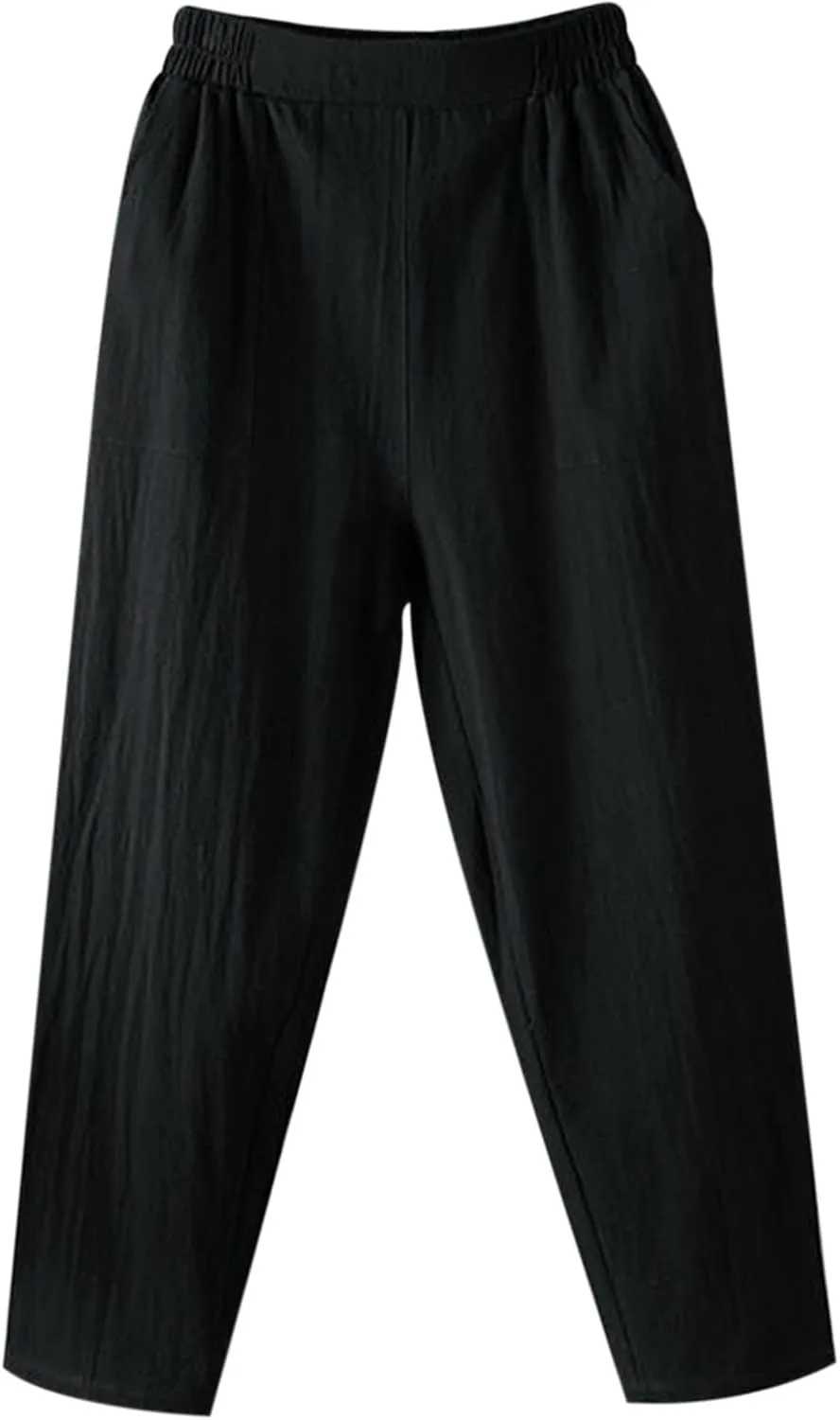Linen Pants Women Summer 2025 High Elastic Waist Cropped Trouser Solid Color Relaxed Fit Beach Trousers with Pockets