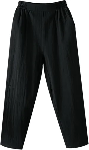 Linen Pants Women Summer 2025 High Elastic Waist Cropped Trouser Solid Color Relaxed Fit Beach Trousers with Pockets