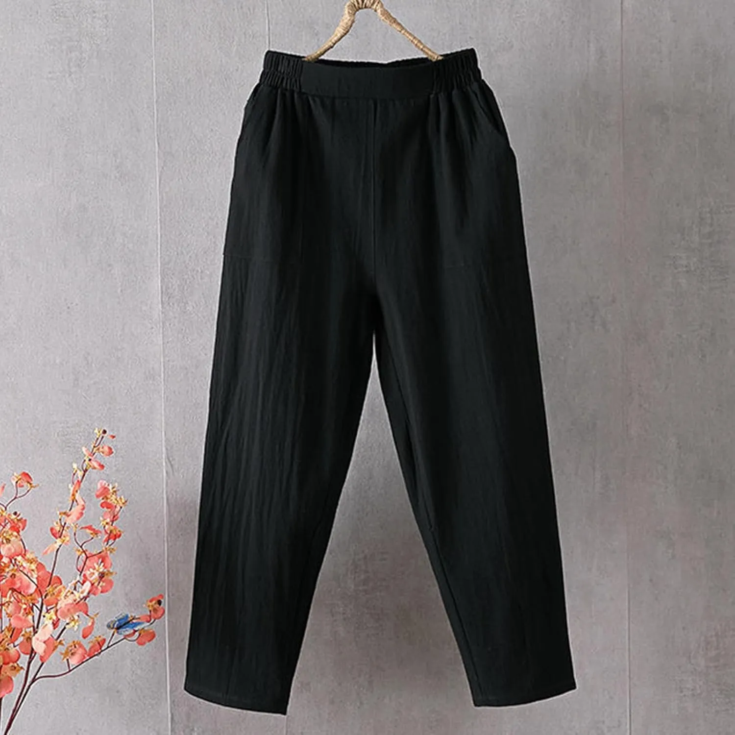 Linen Pants Women Summer 2025 High Elastic Waist Cropped Trouser Solid Color Relaxed Fit Beach Trousers with Pockets