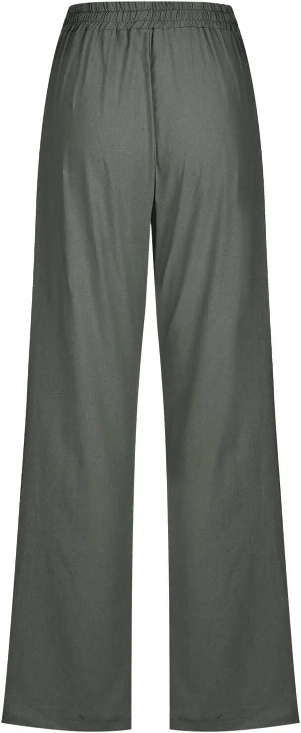 Linen Pants Women Summer Casual Flowy Boho Beach Palazzo Pants High Waisted Drawstring Travel Trousers with Pockets