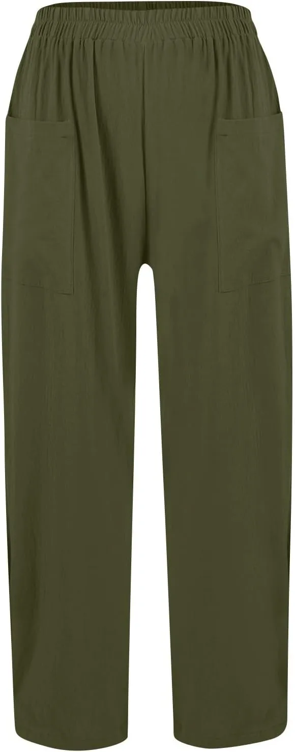 Linen Pants Women Summer Palazzo Pants Elastic High Waist Trouser Travel Wide Leg Pant with Pockets (S-2Xl)