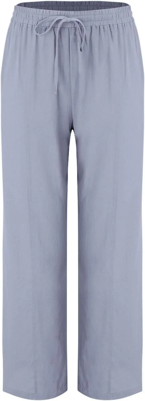 Linen Pants Women Summer Wide Leg Pants Drawstring Elastic Waist Pants High Waisted Lounge Pants Casual Beach Trousers