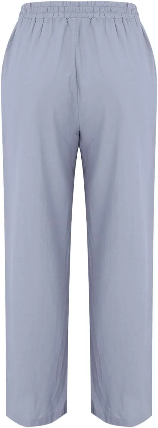 Linen Pants Women Summer Wide Leg Pants Drawstring Elastic Waist Pants High Waisted Lounge Pants Casual Beach Trousers