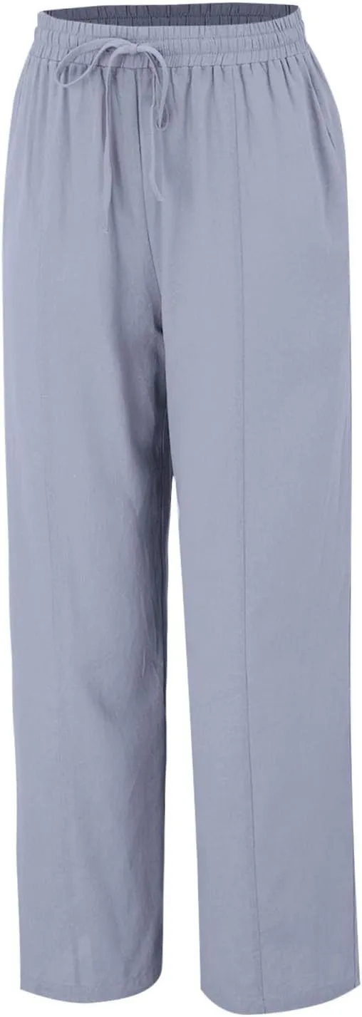 Linen Pants Women Summer Wide Leg Pants Drawstring Elastic Waist Pants High Waisted Lounge Pants Casual Beach Trousers