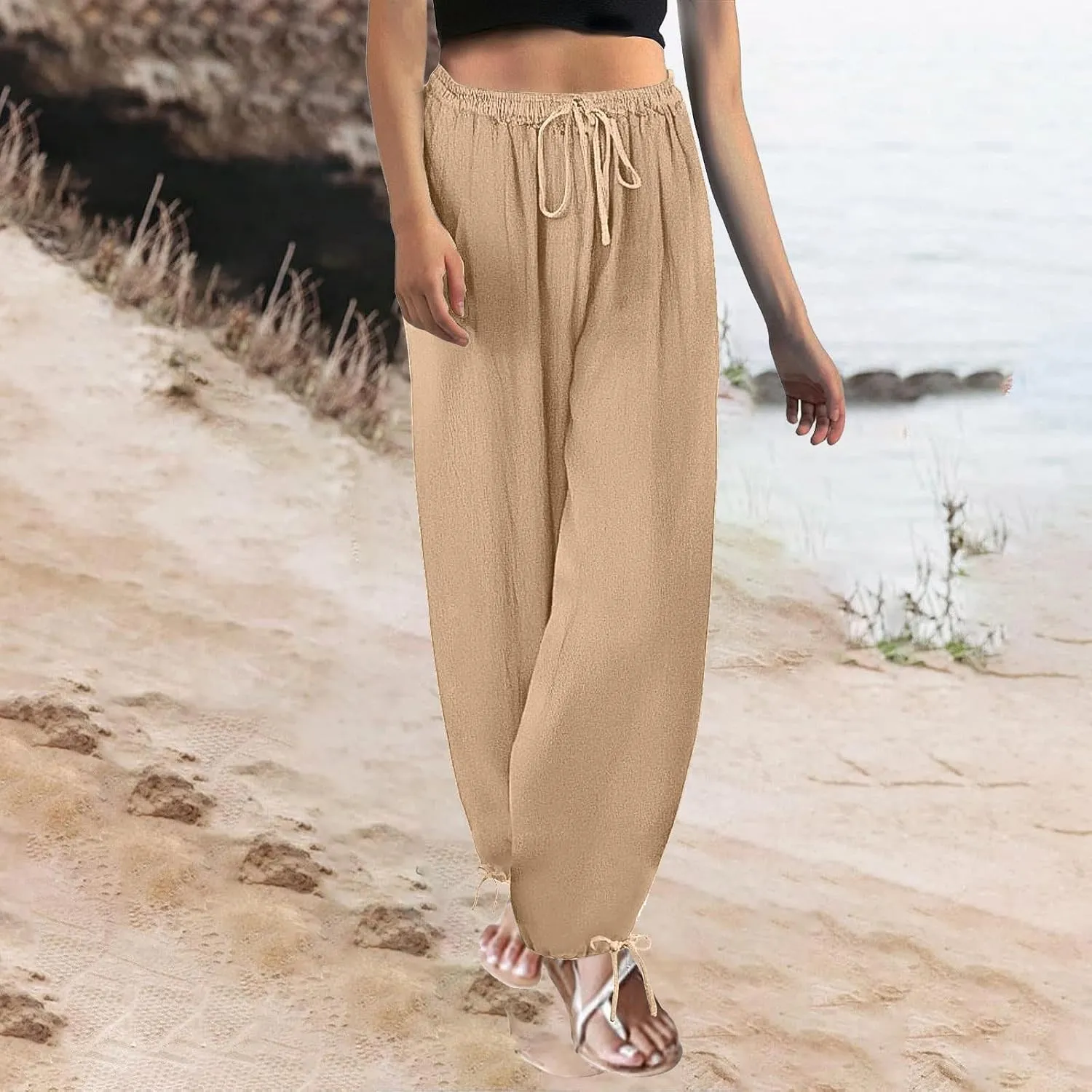 Linen Pants Women Summer Wide Leg Pants Elastic Waist Pants Lounge Pants Casual Beach Ankle Twist Knot Trousers 2025