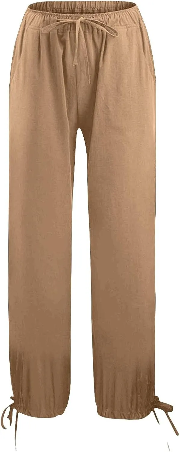Linen Pants Women Summer Wide Leg Pants Elastic Waist Pants Lounge Pants Casual Beach Ankle Twist Knot Trousers 2025