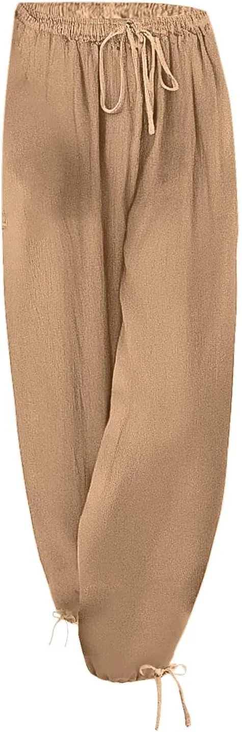 Linen Pants Women Summer Wide Leg Pants Elastic Waist Pants Lounge Pants Casual Beach Ankle Twist Knot Trousers 2025