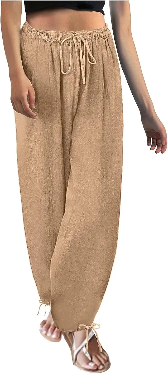 Linen Pants Women Summer Wide Leg Pants Elastic Waist Pants Lounge Pants Casual Beach Ankle Twist Knot Trousers 2025