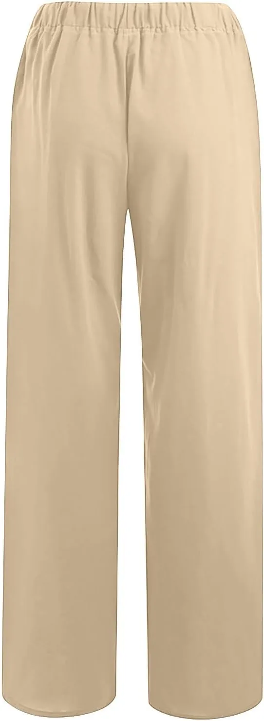 Linen Pants Women Summer Wide Leg Pants Twist Knot Elastic Waist Pants High Waisted Lounge Pants Casual Beach Trouser