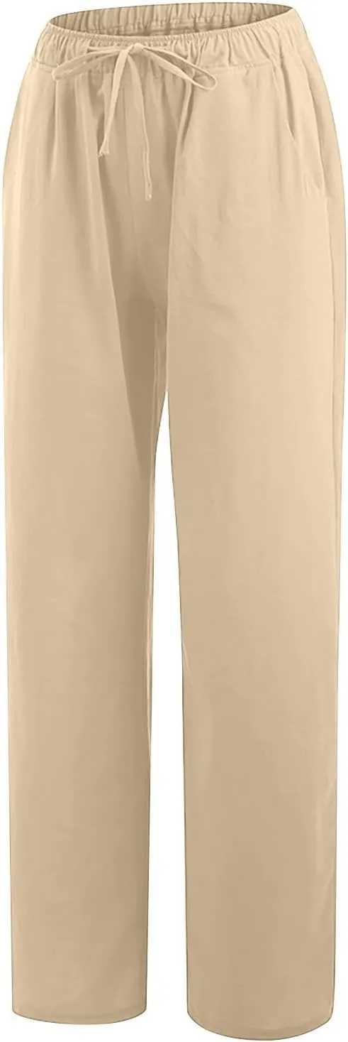 Linen Pants Women Summer Wide Leg Pants Twist Knot Elastic Waist Pants High Waisted Lounge Pants Casual Beach Trouser