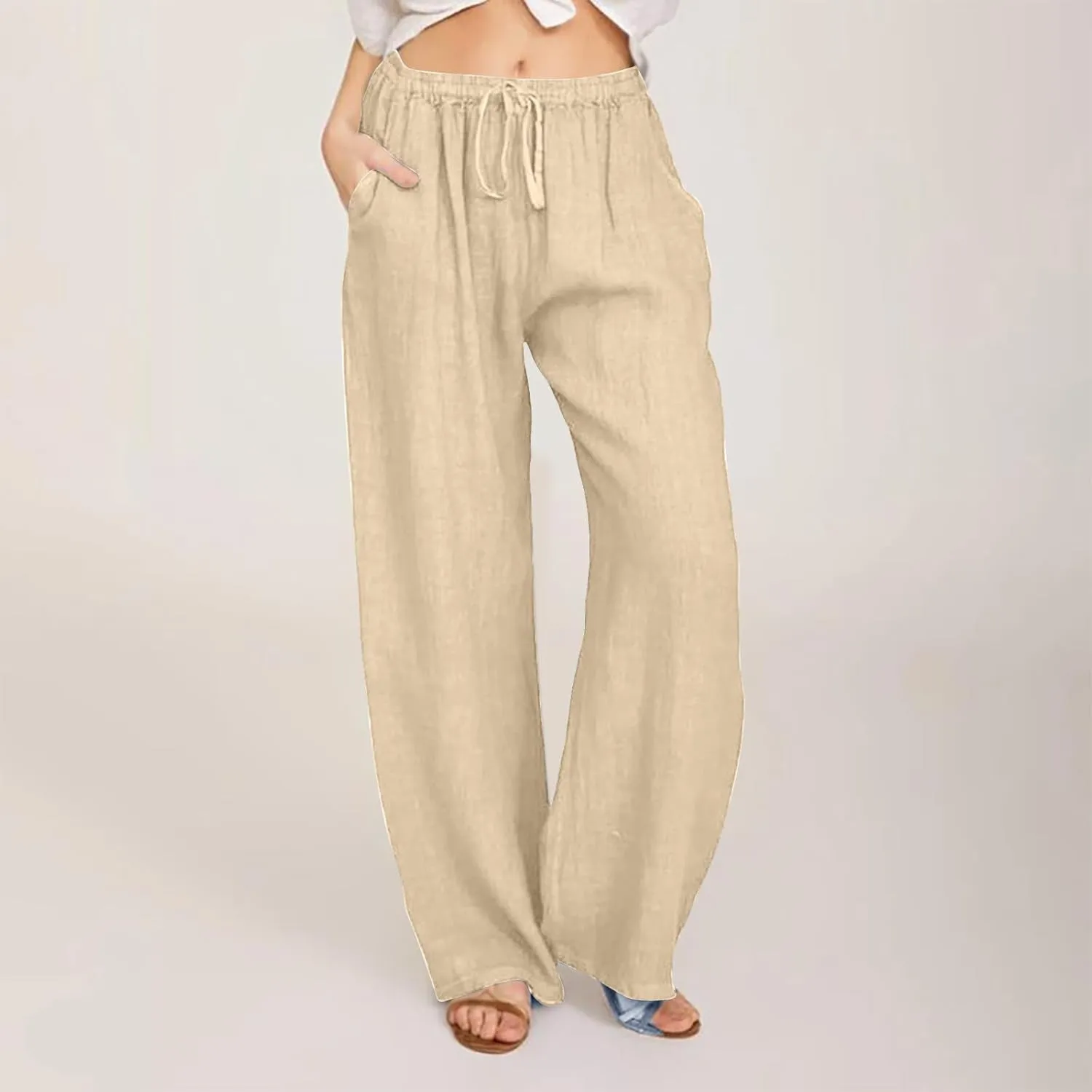 Linen Pants Women Summer Wide Leg Pants Twist Knot Elastic Waist Pants High Waisted Lounge Pants Casual Beach Trouser