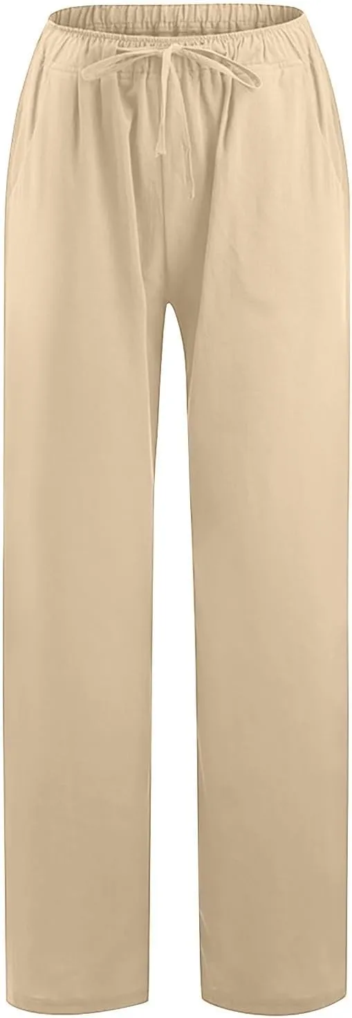 Linen Pants Women Summer Wide Leg Pants Twist Knot Elastic Waist Pants High Waisted Lounge Pants Casual Beach Trouser
