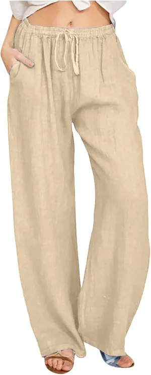 Linen Pants Women Summer Wide Leg Pants Twist Knot Elastic Waist Pants High Waisted Lounge Pants Casual Beach Trouser
