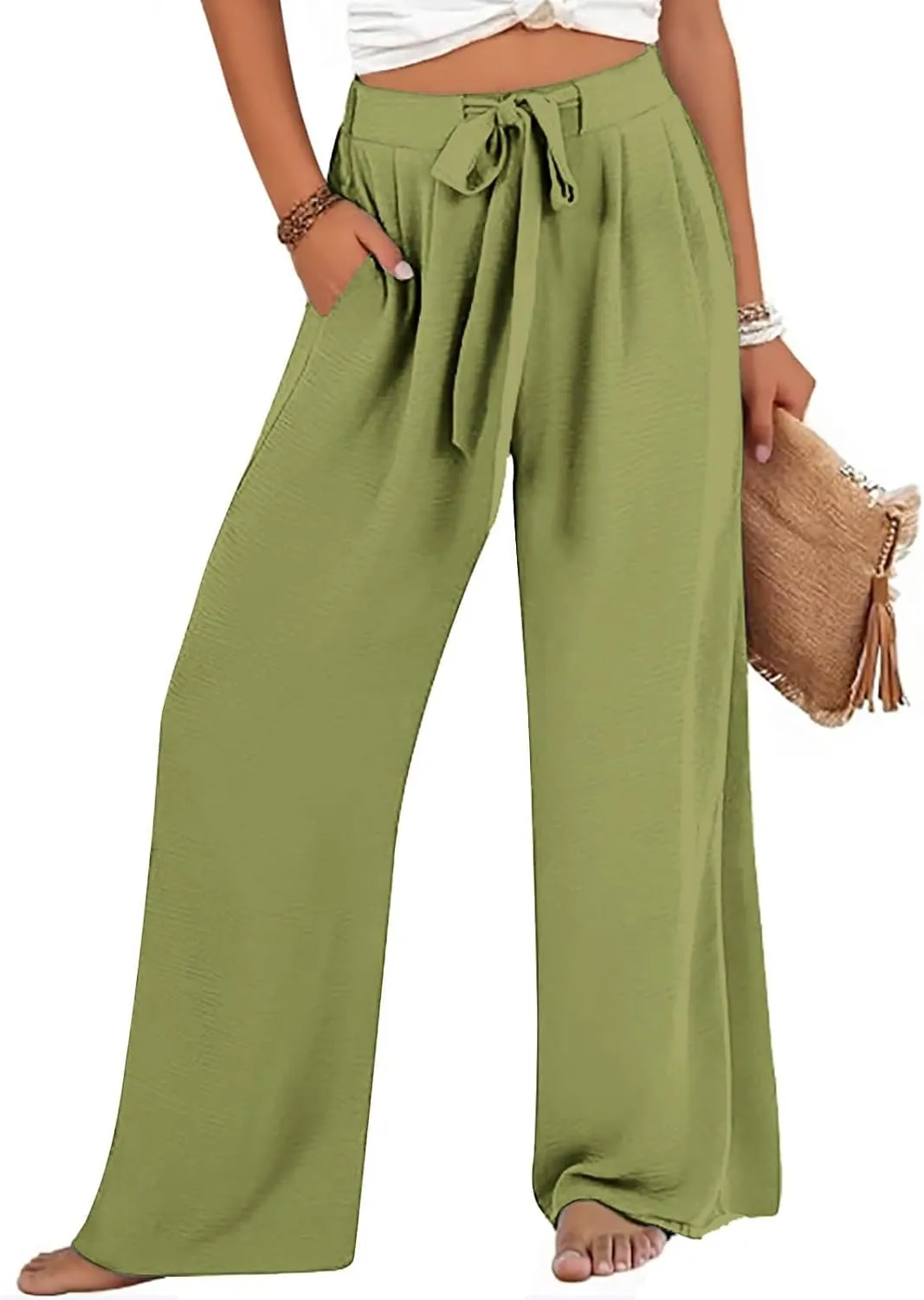 Linen Pants Women, Wide Leg High Waisted Flowy Palazzo Pants Ladies Summer Casual Baggy Lounge Slacks with Pockets