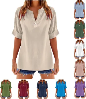 Linen Shirts for Women Short Sleeve Solid Dressy Casual Blouses Collared V Neck Loose Cotton Tshirts Summer Tops 2025