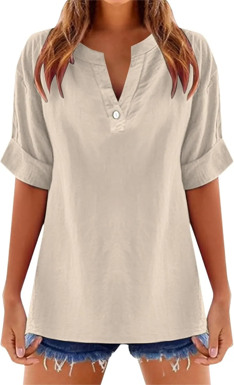 Linen Shirts for Women Short Sleeve Solid Dressy Casual Blouses Collared V Neck Loose Cotton Tshirts Summer Tops 2025