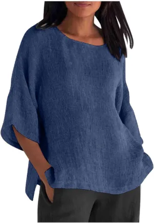 Linen Shirts for Women Solid Color Basic 3/4 Sleeve Tops 2025 Summer Casual Blouses Ladies Fashion Vacation Tunic