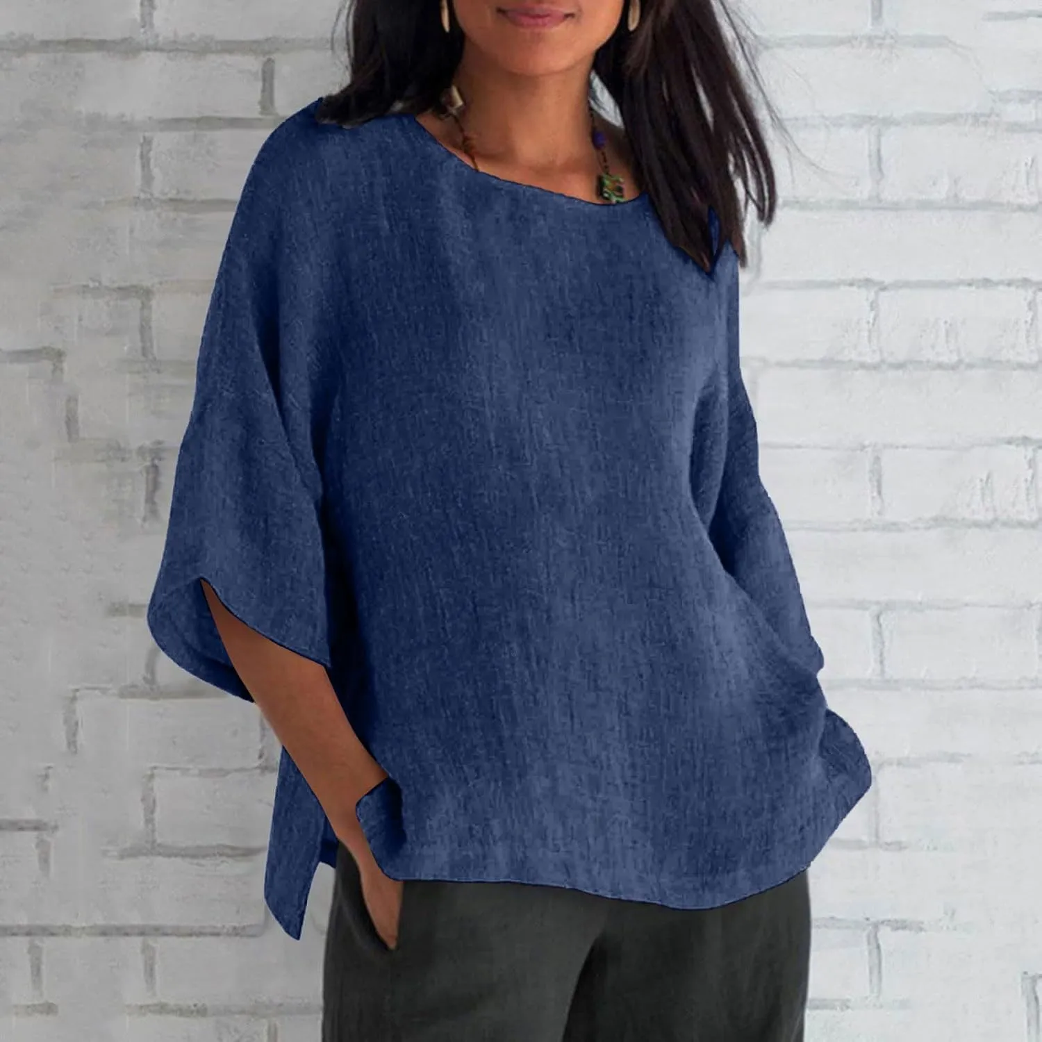 Linen Shirts for Women Solid Color Basic 3/4 Sleeve Tops 2025 Summer Casual Blouses Ladies Fashion Vacation Tunic