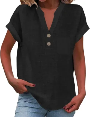 Linen Shirts for Women V Neck Button Down Blouse Short Sleeve Office Work Tops Vintage Vacation Tees Blouse Tops