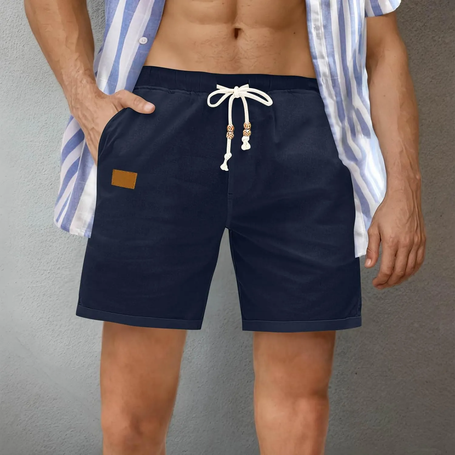 Linen Shorts for Men Casual Drawstring Elastic Waist Quick Dry Summer Beach Shorts with Pockets for Summer