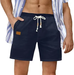 Linen Shorts for Men Casual Drawstring Elastic Waist Quick Dry Summer Beach Shorts with Pockets for Summer