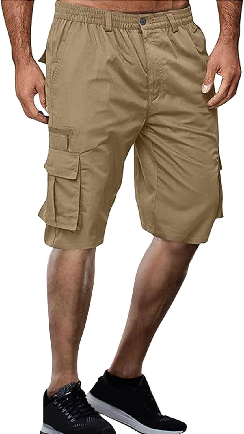 Linen Shorts Men for Casual Workwear Elastic Waist Men's Cargo Mens Cotton Everyday Wear Big and Tall Regular Fit