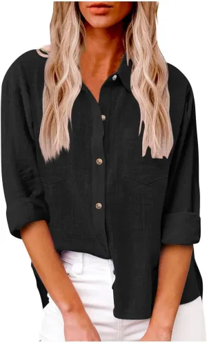 Linen Tops for Women Cotton Linen Button Down Shirt Casual Lightweight Long Sleeve Solid Colorloose Work Blouses
