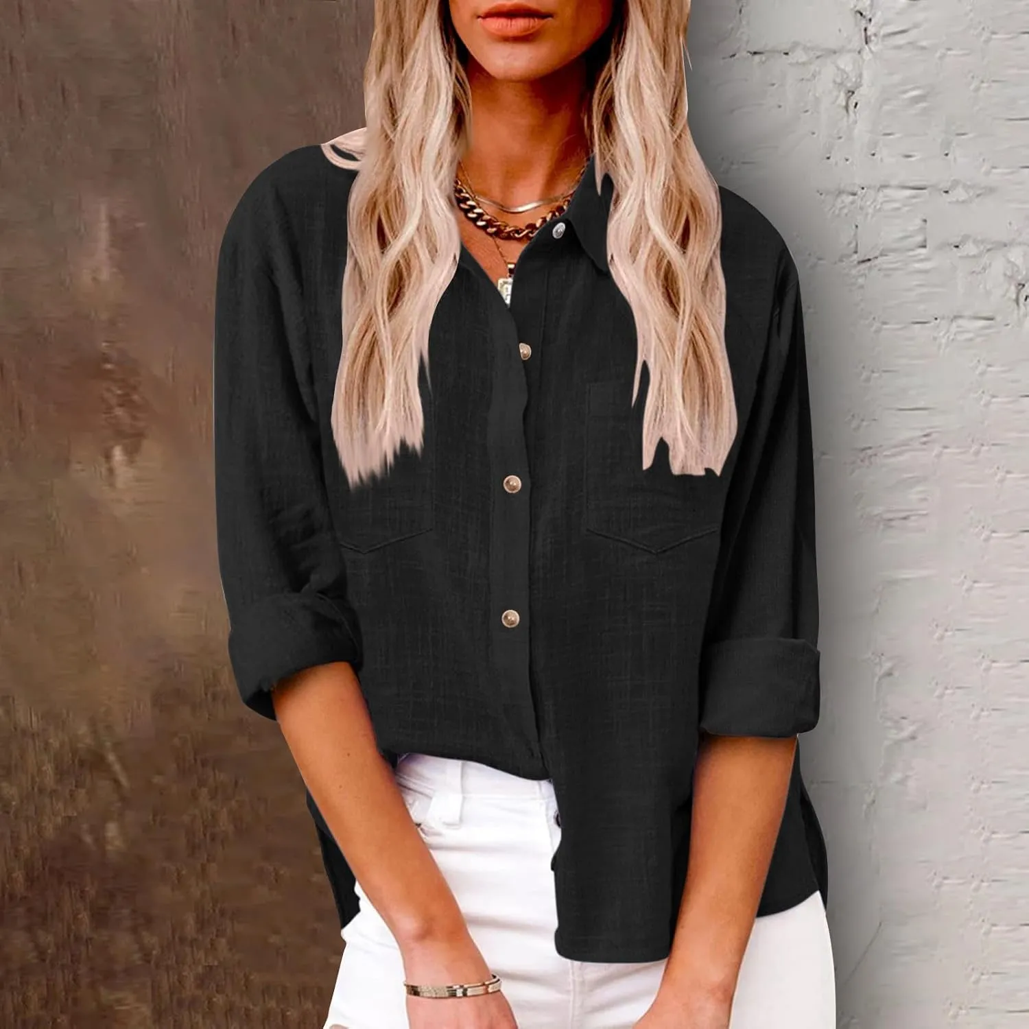 Linen Tops for Women Cotton Linen Button Down Shirt Casual Lightweight Long Sleeve Solid Colorloose Work Blouses