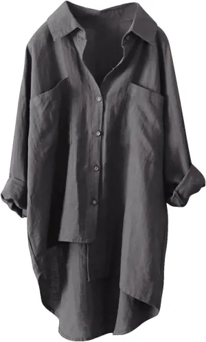 Linen Tops for Women Long Sleeve Summer Shirt Color Sleeve Collar Casual Womens Shirt Button Down Cotton Tops