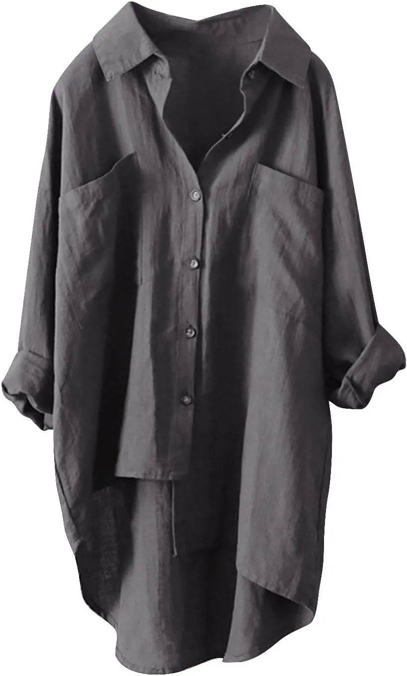 Linen Tops for Women Long Sleeve Summer Shirt Color Sleeve Collar Casual Womens Shirt Button Down Cotton Tops