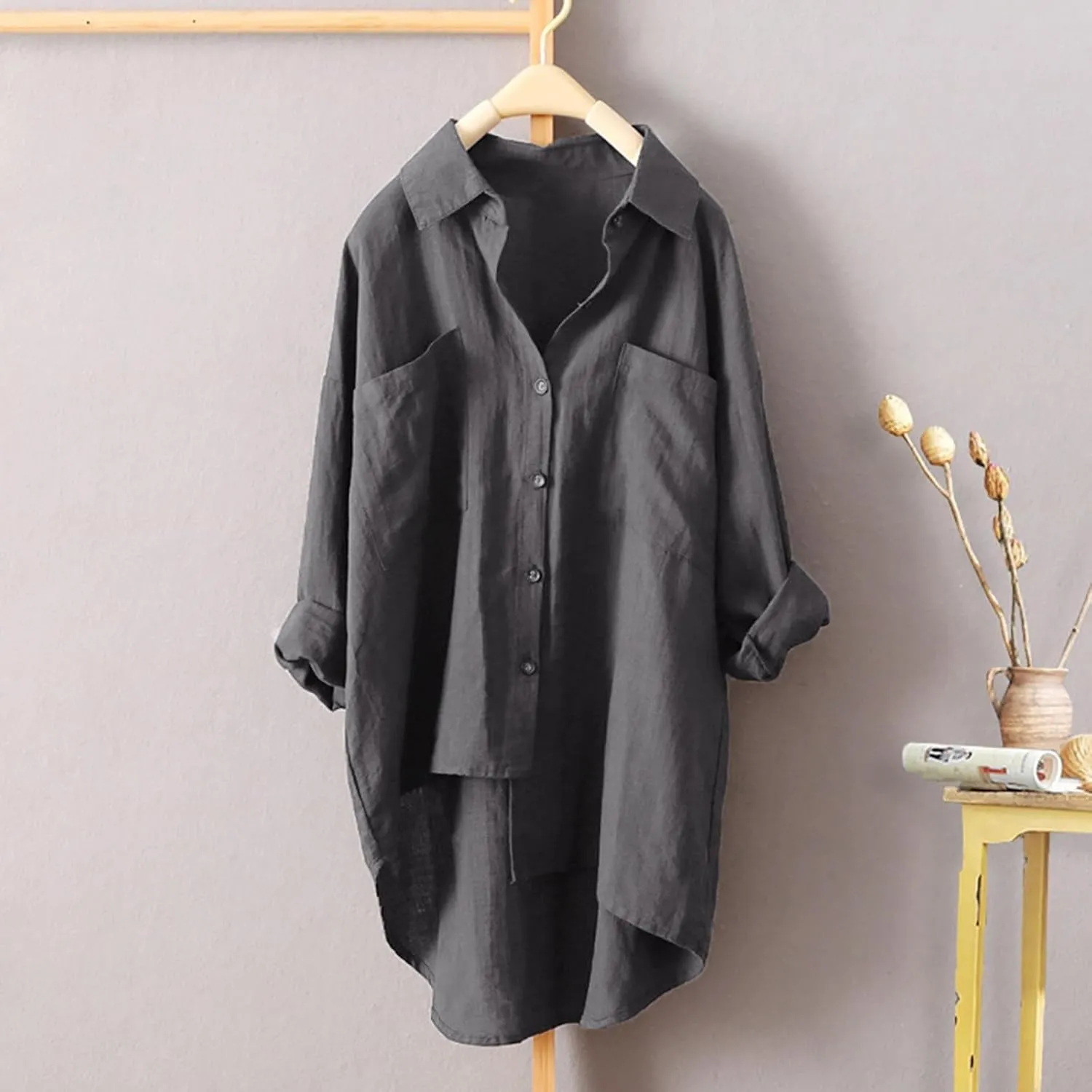 Linen Tops for Women Long Sleeve Summer Shirt Color Sleeve Collar Casual Womens Shirt Button Down Cotton Tops